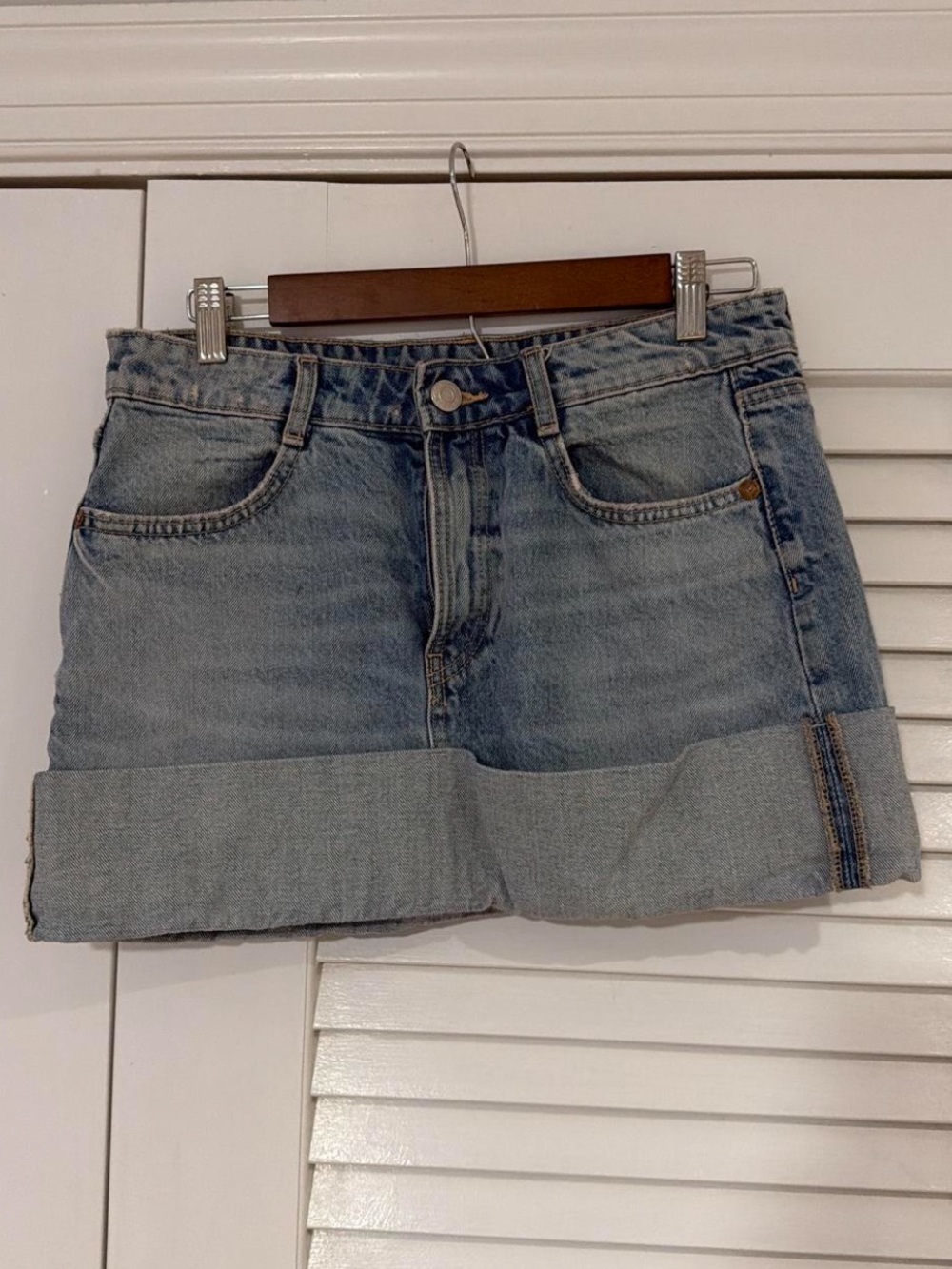 Zara Light Wash Cuffed Denim Mini Skirt